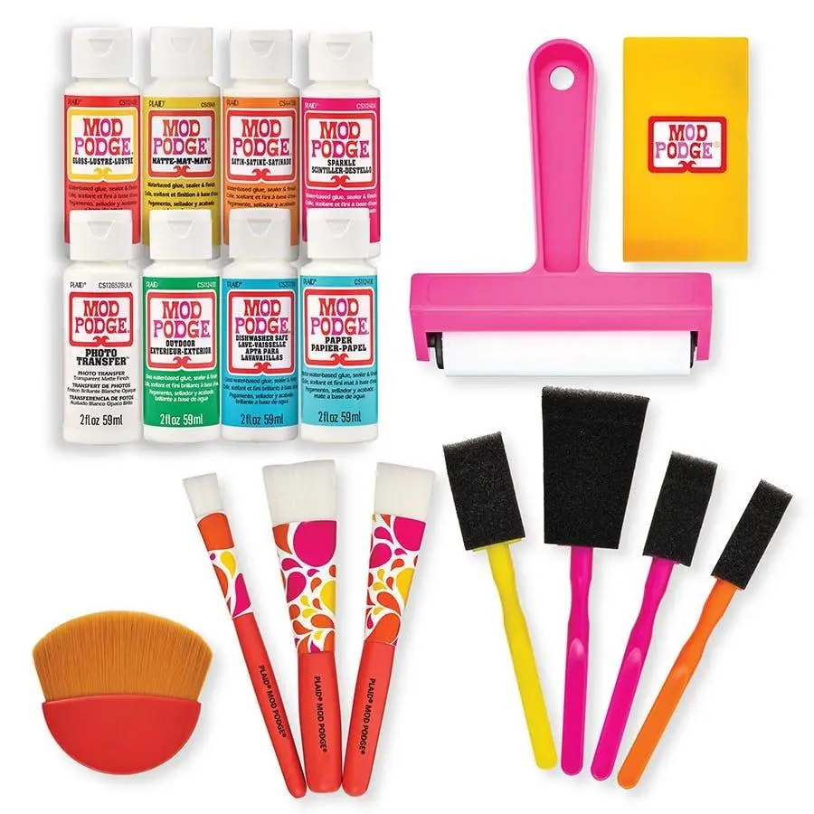 Mod Podge ® Essential Decoupage Kit - PROMOMPSPC24, Multi-Finish Quick Dry Adhesive for Decoupage Arts (Smoothing, Sparkle, Satin), Includes Brushes, Squeegee & Tools with Colorful Ferrule (For All Ages)