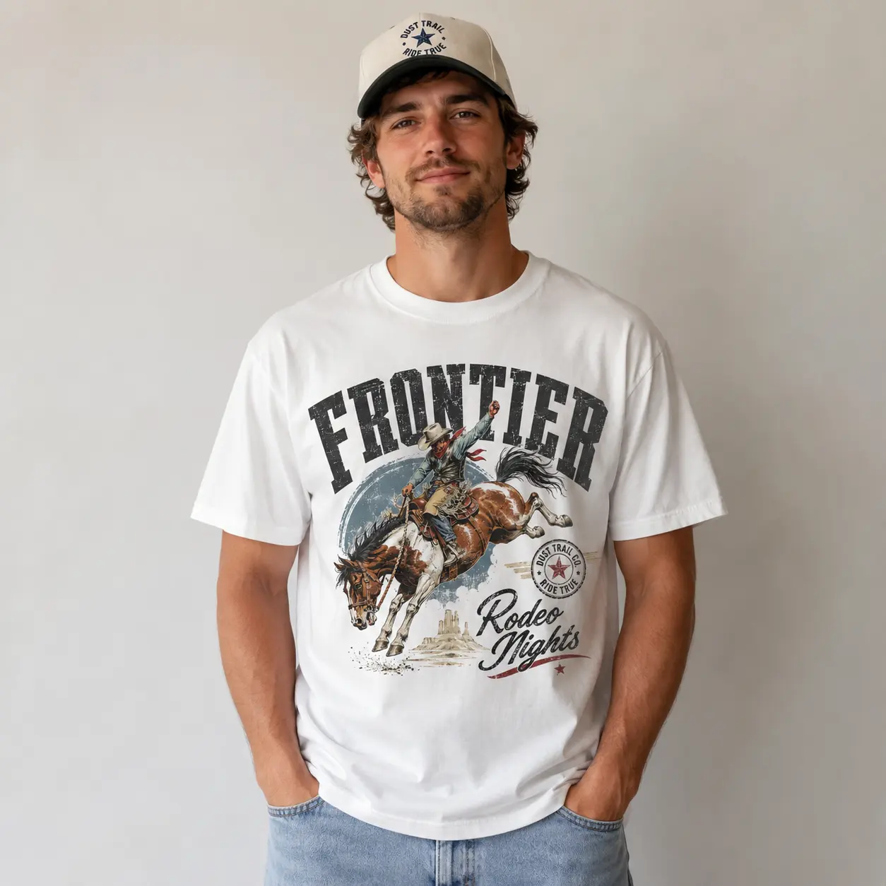 Men's Frontier Rodeo Nights Graphic T-Shirt - Menswear Casual Short-Sleeve Round Neck Tee, White Distressed Vintage Bucking Horse Cowboy Western Print, Rustic Ranch Top, Gift for Rodeo Fans