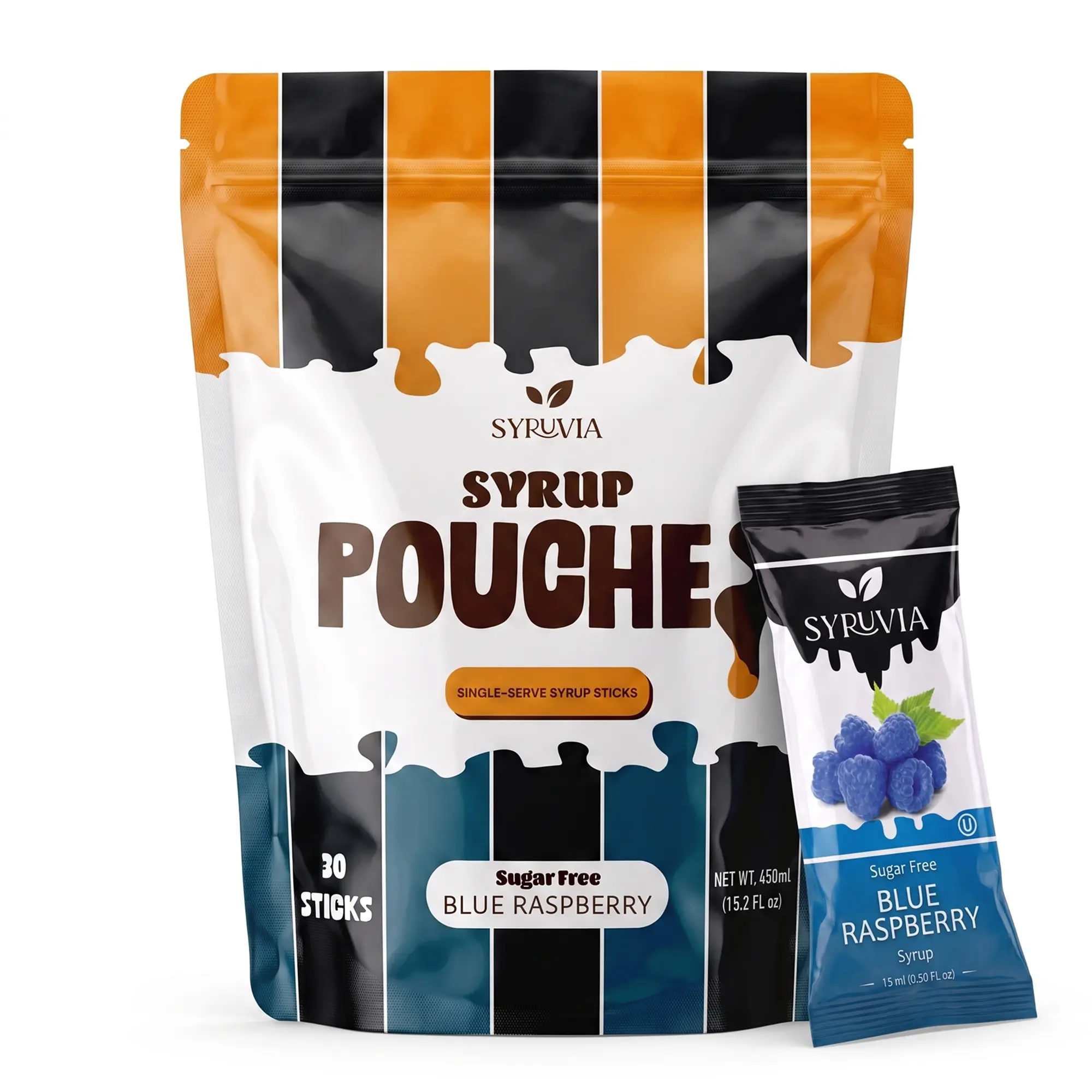 Syruvia Gluten-Free Sugar-Free Blue Raspberry Syrup Pouches - 15 mL Fruit Syrup Sticks for Cocktails, Fruit Drinks (30 Count)
