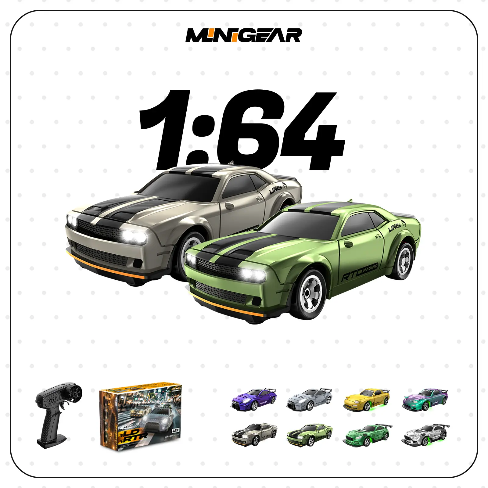 MiniGear 1/64 RC Drift Car - Nissan GTR R35 & Dodge Hellcat RC Model Car, Detachable Body, Proportional Control, Professional Drift System, Dual-Speed Mode, Sporty LED Lights, USB Rechargeable, Cool Teen Boy Gift & Collectible Item, Teenage Boy Gifts, Kid