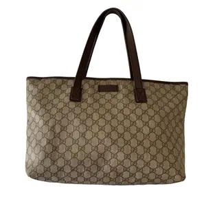 Pre-owned GUCCI Tote Shoulder Bags GG supreme canvas and brown leather bag authentic with COA