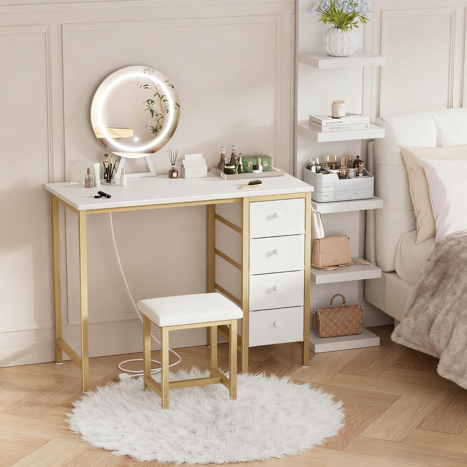 Gold Vanity Desk with Mirror and Light- Makeup Vanity Set Table with Chair, Storage, Lighted Mirror, 4 Large Fabric Drawers & Power Outlet, Dressing Table Vanities for Girls Bedroom Get Free Gift Gold Vanity Desk with Mirror and Light- Makeup Vanity Set Table with Chair, Storage, Lighted Mirror, 4 Large Fabric Drawers & Power Outlet, Dressing Table Vanities for Girls Bedroom Get Free Gift