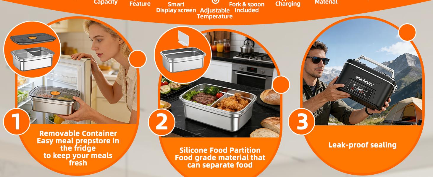 Heated Lunch Box with 24000mAh Battery,Cordless Electric Food Warmer with Scheduled Heating & Digital Display,Portable Rechargeable Lunch Heater for Work, Office, Travel, Camping,Suitable for Adults and Children