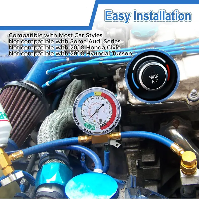 Automotive R134A/R12 Car AC Charging Hose Kit with Pressure Gauge - 0.51 Inches Low Side Quick Coupler, 1/2 Dispensing Valve, High-Strength Aluminum Connector, 15.4" Deep Reach CNC Thread Hose, Easy-Install Universal Fit for Most Vehicles