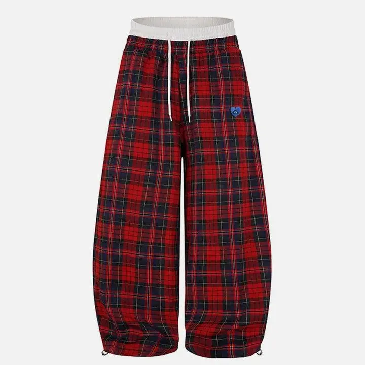 Aelfric Eden Double Waist Plaid Baggy Sweatpants High Waist Balloon Barrel Silhouette Double Waistband Design Classic Red Plaid Fabric Adjustable Ankle Drawstring Retro Streetwear Unisex Bottoms,clothes for back to school,first day of school outfits