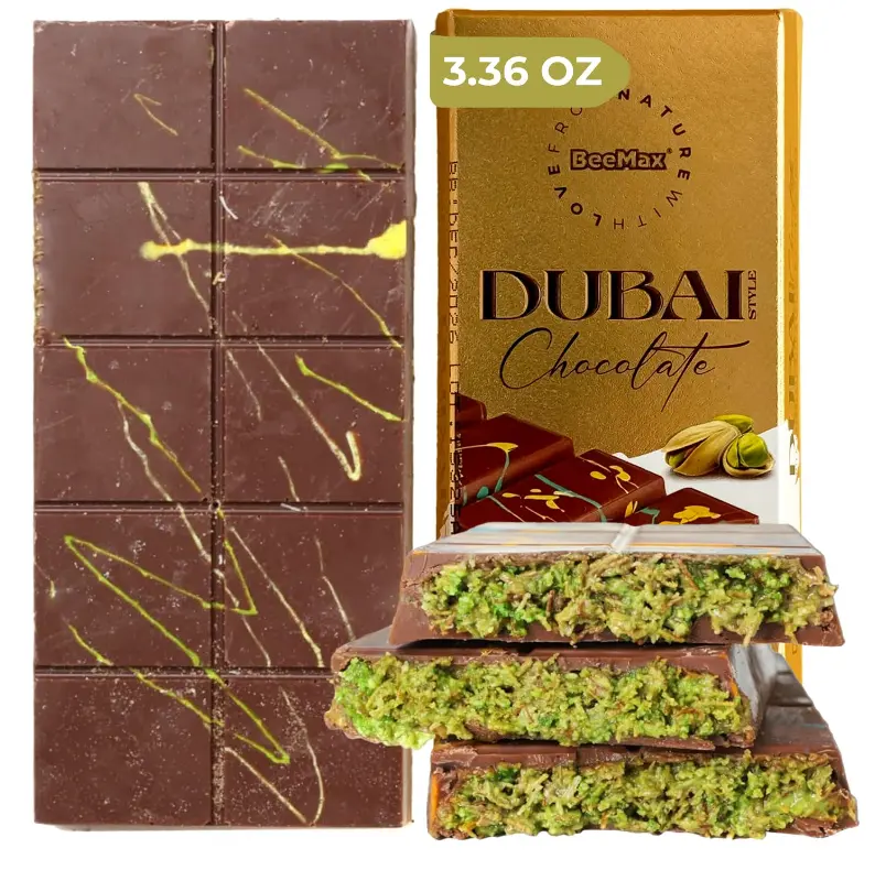 BeeMax Authentic Dubai-Style Mini Chocolate Bar, 3.36 oz (Pack of 1) - Luxurious Milk Chocolate with Kadayif and Pistachios - Middle Eastern Gourmet Indulgence - Ideal for Gifting & Special Occasions