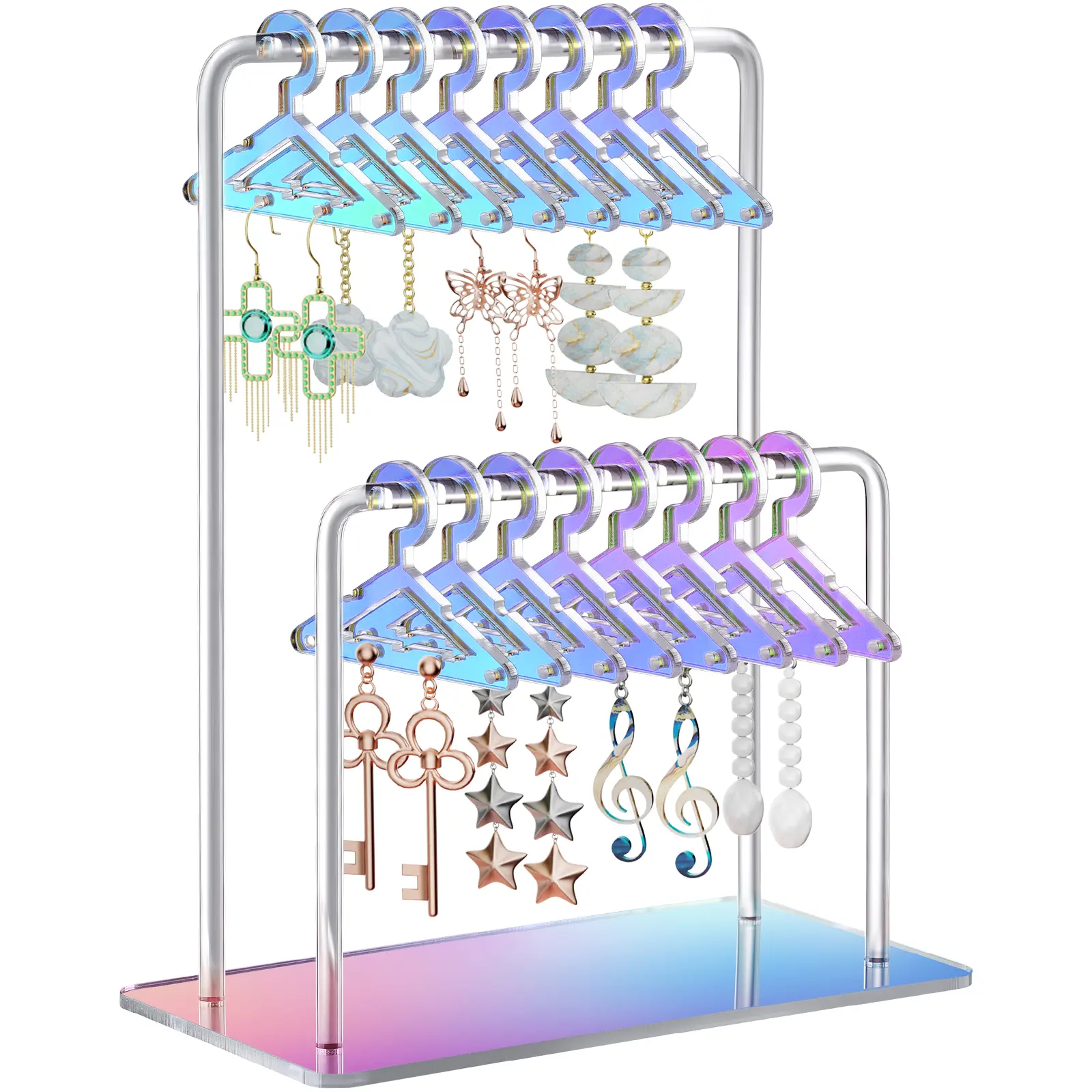 NiHome Modern Square Acrylic Earring Holder - Durable, Portable 48-Pair Jewelry Organizer with Double-Tiered Miniature Clothing Hangers, Mirror Finish, Hook-and-Loop Fastener for Bathroom Home Supplies