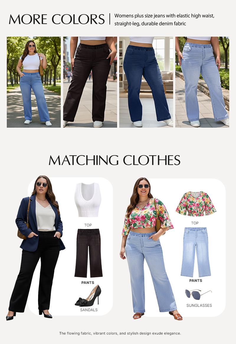 Eytino Womens Plus Size Jeans Straight Leg High Waisted Stretchy Denim Pull On Pants with Pockets(1X-5X)