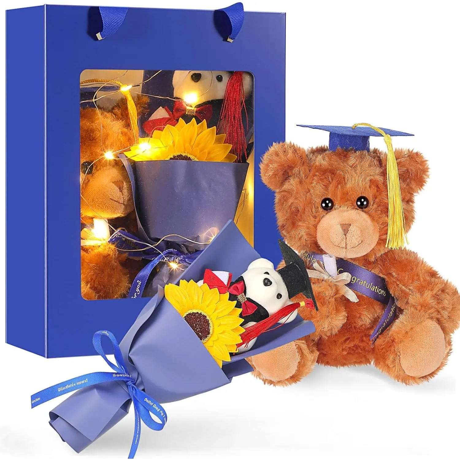 Graduation Bear Gift Set Class of 2026 Graduation Animal Bear with Gown Cap Tassel Class of 2026 Grad Card Soap Artificial Flower Box Grad Gifts for Her Him(Dark Blue)
