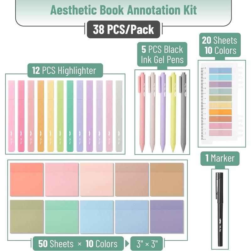 Mr. Pen Aesthetic Book Annotation Kit 38 pcs Retractable Gel Pens & Vibrant Highlighters Office Supplies Birthday Gift,  Back to School Supplies Student Essentials Learning Materials