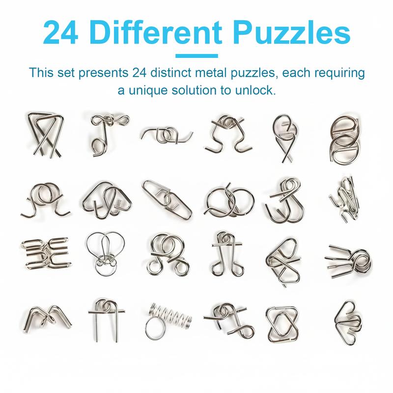 24pcs Metal Wire Puzzle Set, Brain Teaser IQ Test Disentanglemen Iron Link Unlock Interlock Game Ring Magic Trick for Party Favor Kids Adults Challenge, Holiday Gift Ideas