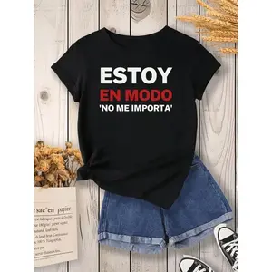 1pc Women's Casual Short Sleeve T-Shirt - Bold Spanish Estoy en Modo No Me Importa Print, Black with White & Red Text, Round Neck, Machine Washable, All-Season Comfort, T-shirt Stylish, Everyday Clothing, Relaxed Fit Tee, Comfor