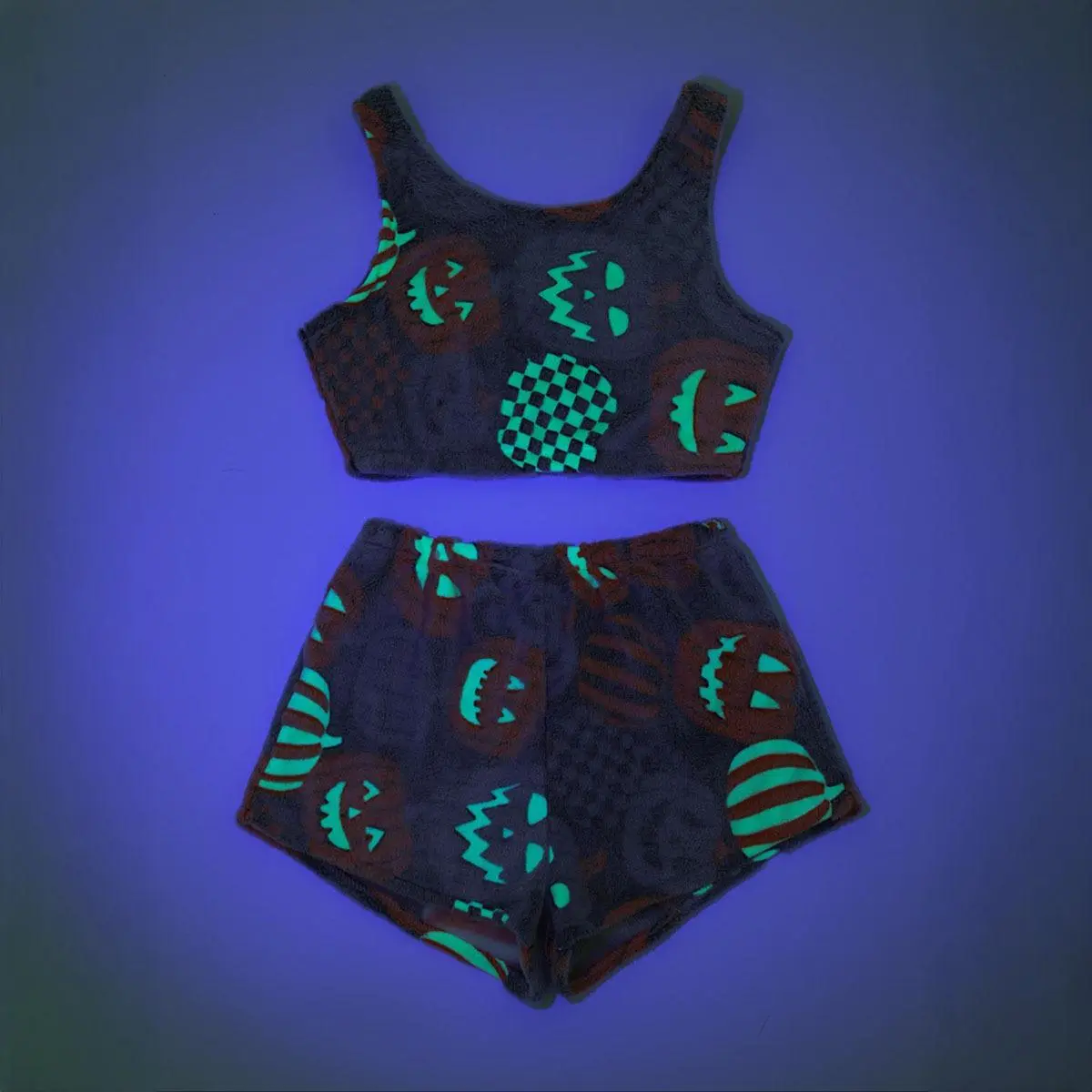 Women's 2-Piece Glow-in-the-Dark Pumpkin Print Sleeveless Cami Crop Top & Shorts Pajama Set - Soft Cozy Plush Fabric, All Seasons Sleepwear Loungewear