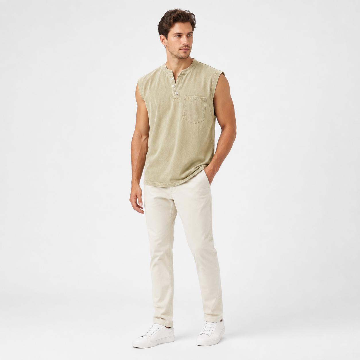 Men's Casual Sleeveless Henley Shirt, Washed Cotton Muscle Tank Top with Chest Pocket, Relaxed Fit Plus Size Vest for Gym, Workout, Running & Everyday Wear Menswear Wetsuit