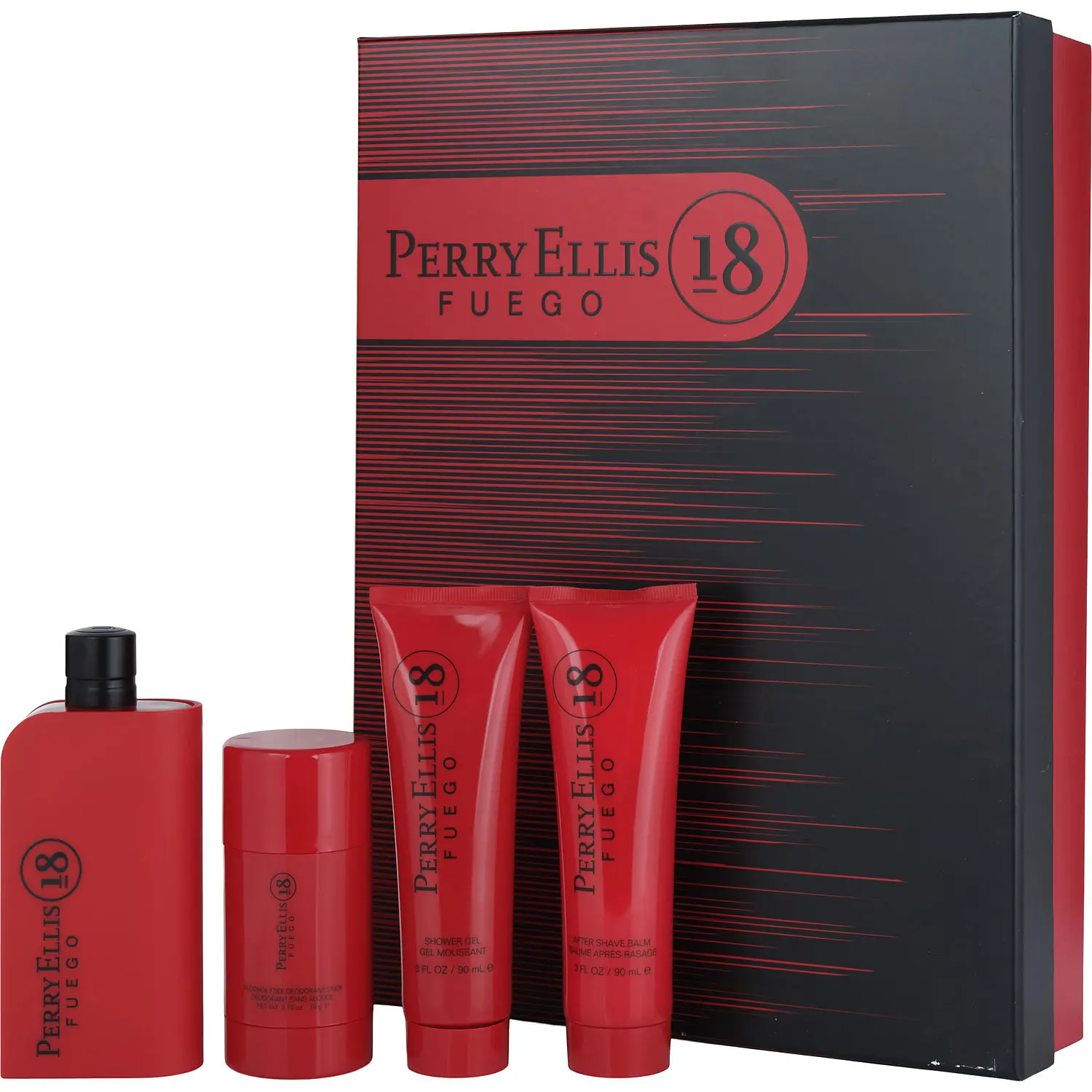 Perry Ellis 18 Fuego Set-Edt Spray 3.4 Oz & Aftershave Balm 3 Oz & Deodorant Stick 2.75 Oz & Shower Gel 3 Oz For Men