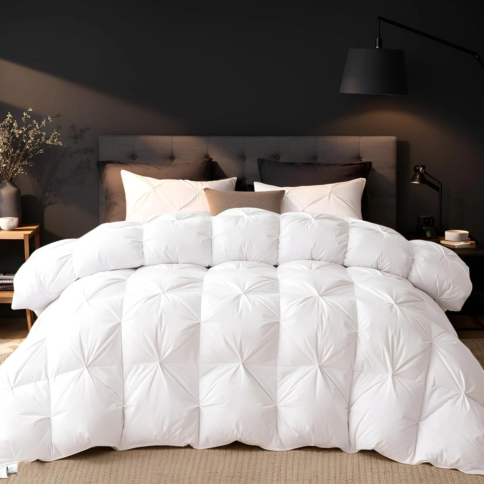 Luxury Goose Down Pinch Pleat Comforter Soft Cozy Bedding for All Seasons Plush Warm Fluffy Breathable Zero Sweating