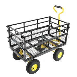 Heavy-duty multifunctional garden handcart with inflatable tires, suitable for rough terrain, featuring a large-capacity tipping bucket for carrying miscellaneous items and agricultural tools