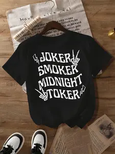 Women's Casual Short Sleeve T-Shirt - Rock Style "JOKER SMOKER MIDNIGHT TOKER" Print, Cotton Breathable Round Neck Machine Washable, Suitable for All-Season Outdoor Wear, Bold Dark Color Design