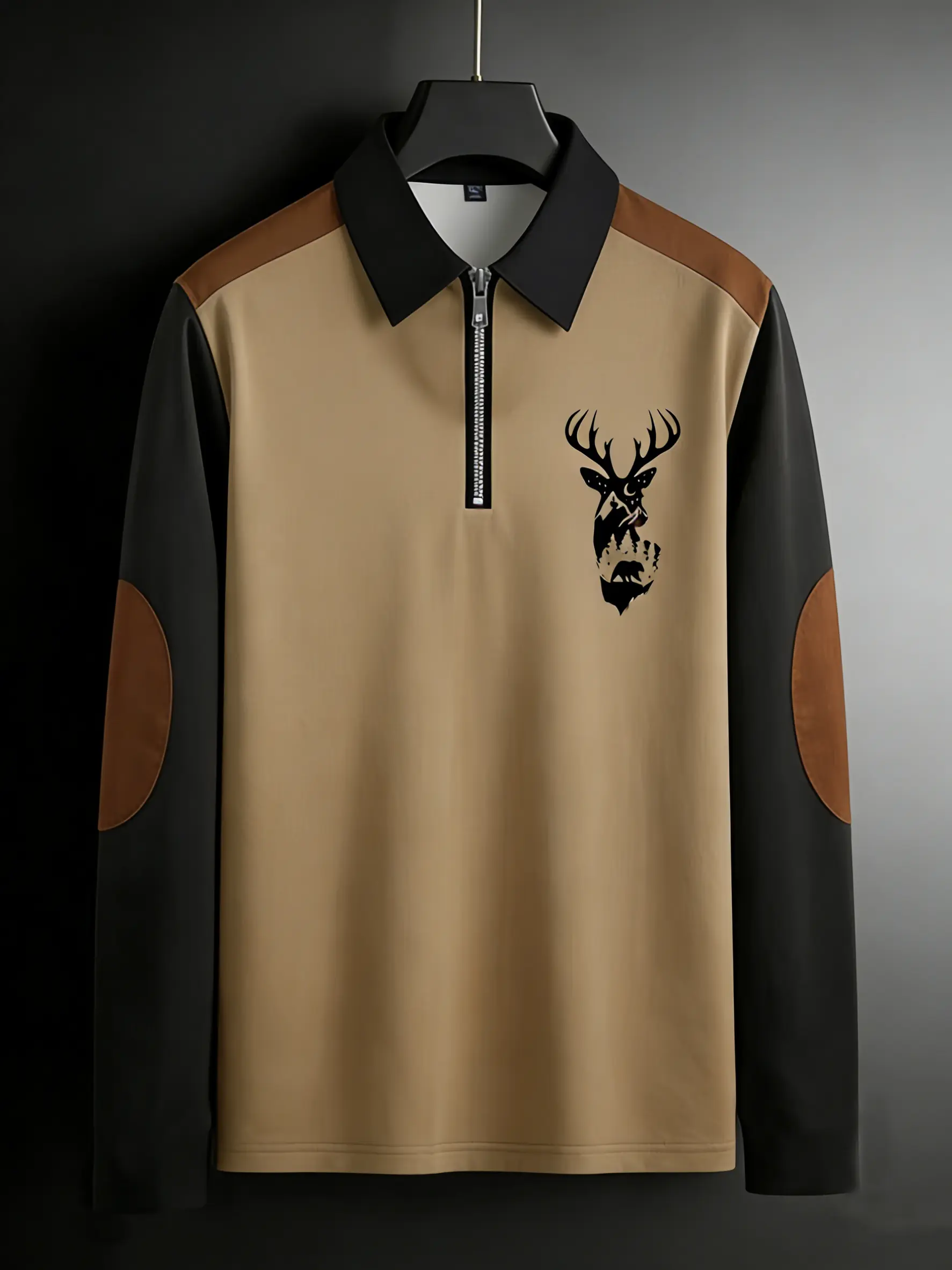 Men's casual deer head print double contrasting color long sleeved zipper polo shirt with half zipper collar outdoor shirt, machine washable dual color polyester fiber, very suitable for leisure activities in spring, autumn and winter festivals, gifts for