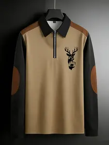 Men's casual deer head print double contrasting color long sleeved zipper polo shirt with half zipper collar outdoor shirt, machine washable dual color polyester fiber, very suitable for leisure activities in spring, autumn and winter festivals, gifts for