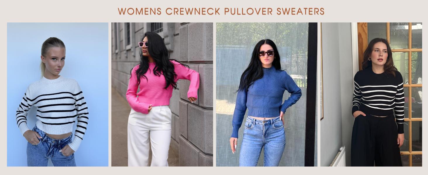 Women's Fall Crewneck Cropped Sweater Trendy Long Sleeve Ribbed Knit Pullover Jumper Tops