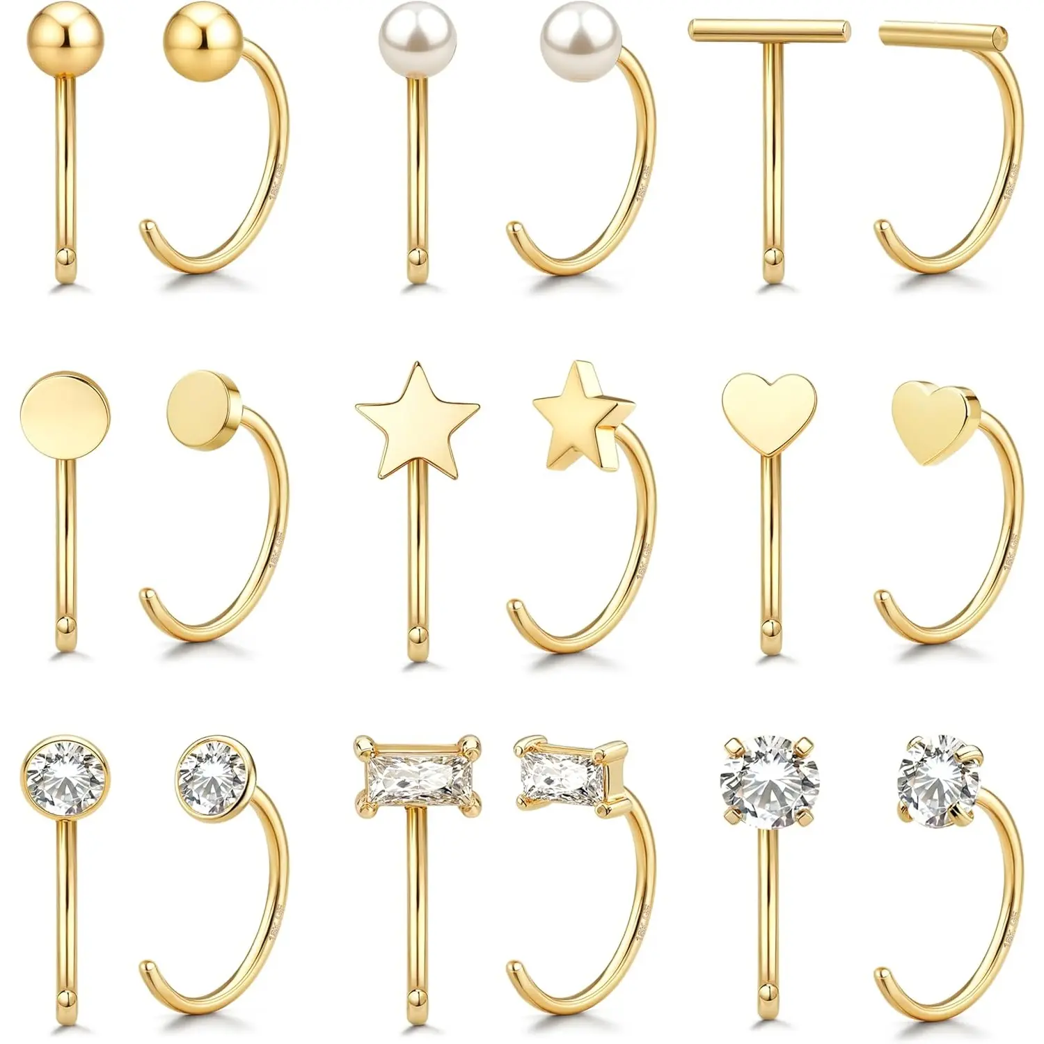 CASSIECA Women's 9-Pair 14 Karat Gold-Plated 316L Stainless Steel Huggie Hoop Earrings Set - Stud, Helix Piercing, Dainty Stacking, Multiple Holes Styles with 5A CZ, Pearl, Heart, Star, Bar Designs, Stud Earrings