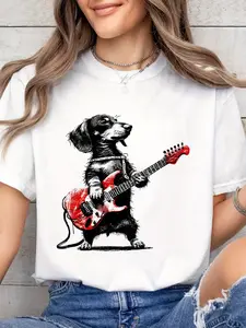 Dachshund Rock 'n' Roll Print, Holiday, Gift, Women's Round Neck Casual Sports All-Season Comfort T-Shirt, Elegant Women's Clothing, Affordable and Cute Women's Apparel, Curvy Women's Fashion, Masquerade Costume, Costume, Cosplay Outfit, Vintage