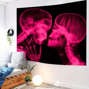 Romantic Skull Kiss Tapestry, Neon Pink Polyester Wall Hanging, Large Washable Art Tapestry with Stitched Edges for BedroomDecor DecorationTapestry Decor