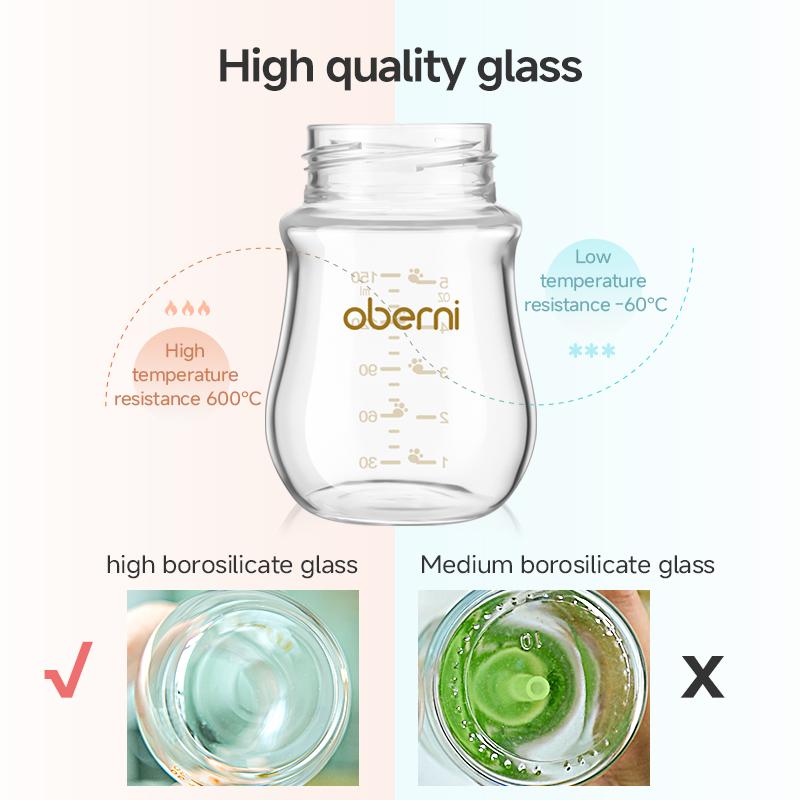 Oberni Breastfeeding Bottle 150ml/5oz Glass Anti Colic Baby Bottles with Natural Response Nipple BPA Free for Newborn Preemie 0+Month Infant Care Travel