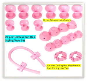 23 pcs Heatless Curl Hair Styling Tools Set; 1pc Hair Curling Rod headband, 2pcs Curling Hair Ties, and 10pcs small & 10 pcs large Silicone Bell Shaped Curling Tool.
