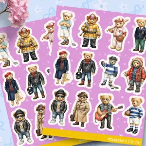 Fashion Teddy Bear Sticker Sheet, Cute Bear Characters in Stylish Outfits, 12 Pcs Water-Resistant Stickers for Journal Scrapbook Planner