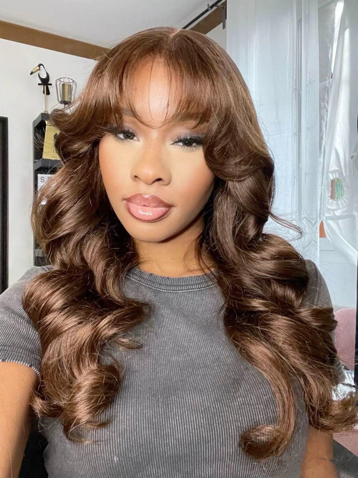13x6 Glueless Wig Human Hair HD Lace Front Wig With Bangs Chocolate Brown Body Wave 200 Density Lace Front Wigs Human Hair Pre Cut Pre Plucked Ready to Wear Chestnut Brown Wig For Women