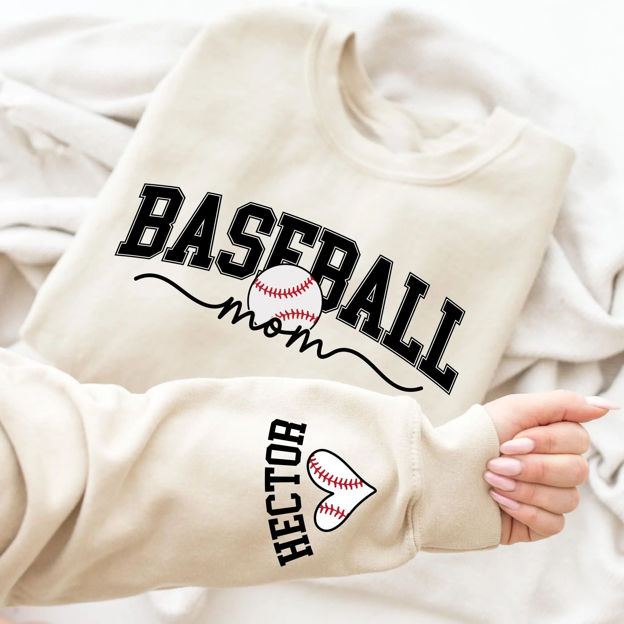 Personalize Baseball Mom Kids Name On Sleeve Sweatshirt, Baseball Season Shirt, Mom Baseball Sweater, Baseball Mama Shirt, Baseball Mom Gift [custom shirt in description]