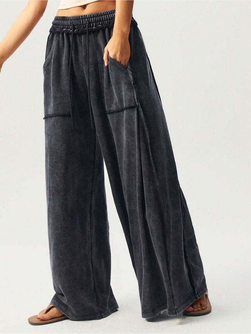 BOHO Ladies' Casual Knitted Patchwork Color Loose Wide-Leg Washed Pants