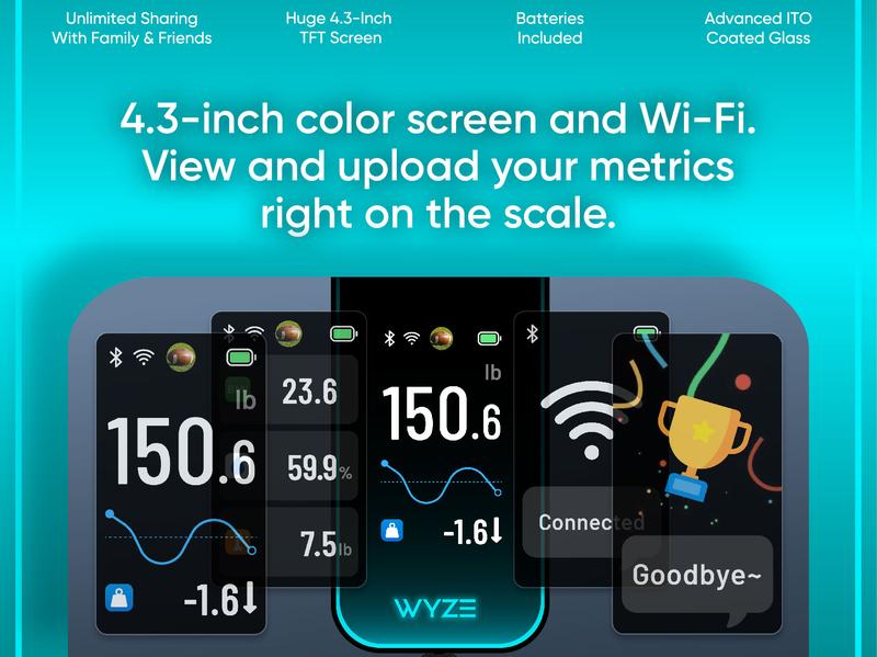 Wyze Scale Ultra — Wi-Fi Smart Weighing Scale, Huge 4.3" Screen —  Step-On Body Composition Measurements (Track Weight, BMI, Fat/Fit Goals)