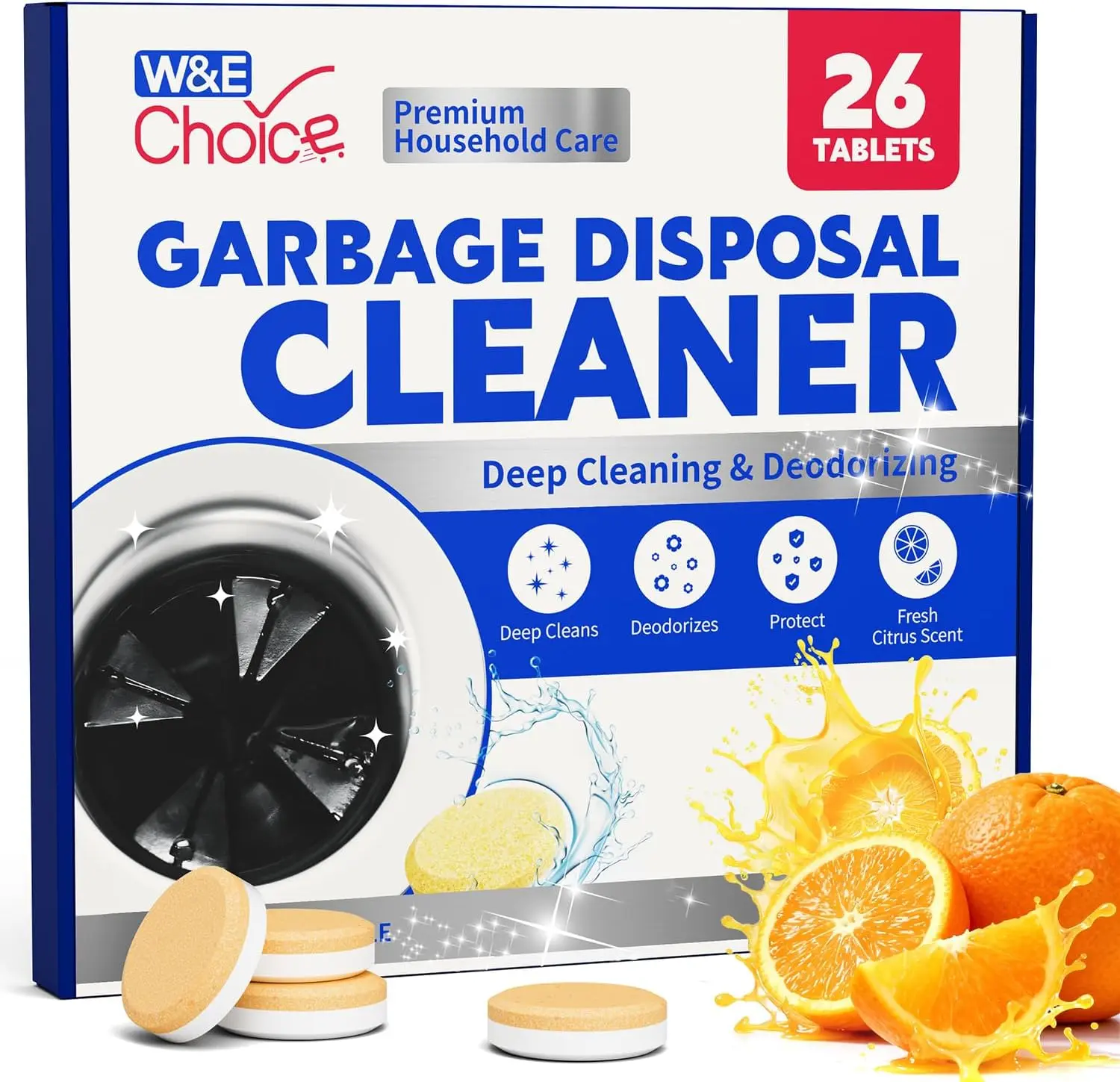 26-Pack Garbage Disposal Cleaner and Deodorizer Tablets, XL Foaming Citrus Sink Cleaner, Septic Safe Kitchen Drain Care, 1-Year Supply