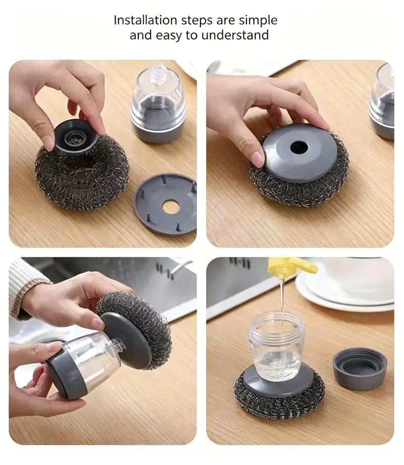 Automatic Liquid Filling Palm Brush with Comfort Handle, Ergonomic Non-slip Grip, Durable Bristles - Kitchen Gadgets, Cleaning Supplies for Sink Pot Bowl Cleaning, Detachable Head, Removable & Washable Multi-Purpose Home Care Sponge