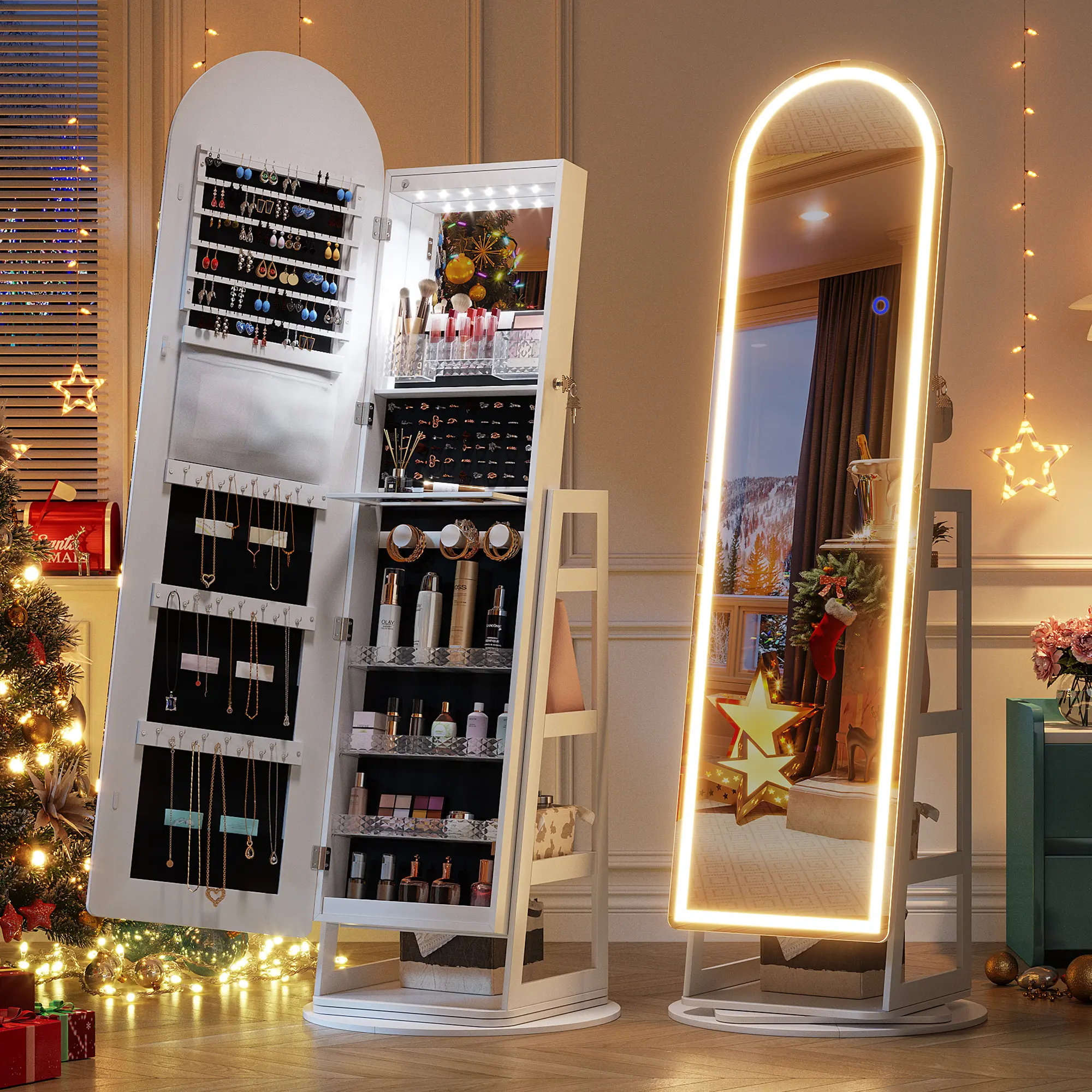 Dystler Standing LED Mirror Jewelry Cabinet – Lockable Jewelry Armoire with Arched Full-Length Mirror, Adjustable LED Lights, Ideal Mothers Day Gift,summerwins,dorm essentials,home decor