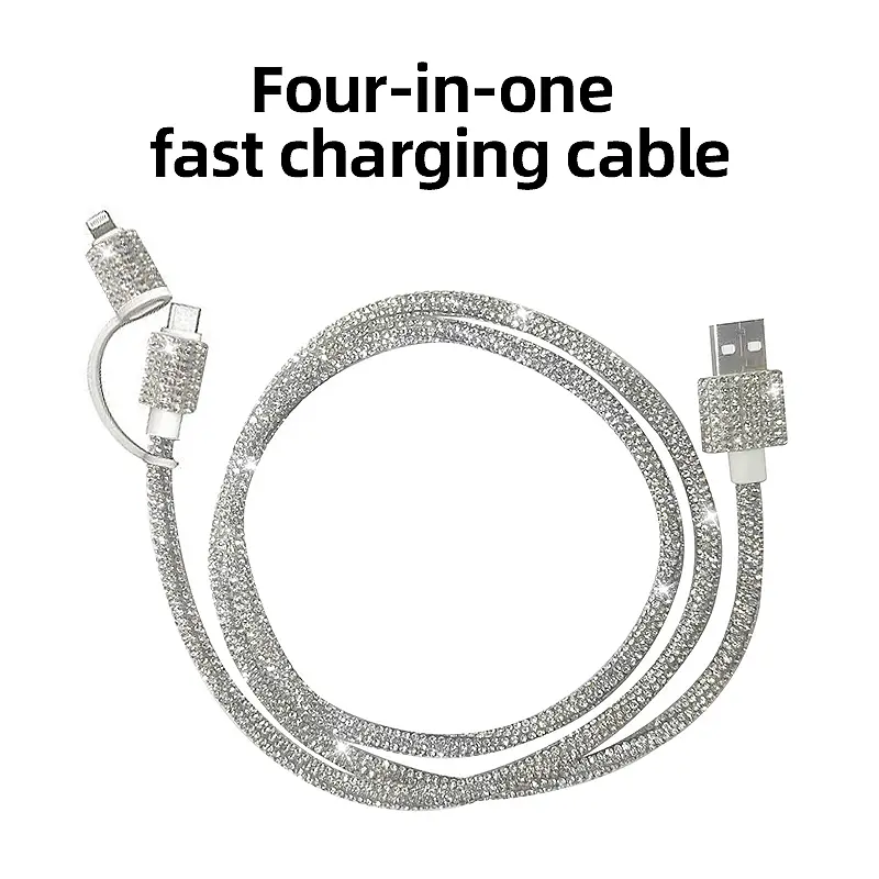 Diamond-studded  Four-in-One  dual Type-C data cable, supports 60W fast charging, compatible with Apple phones, iPads, and computers, features dual USB-C and Lightning connectors, suitable for car charging, 1.2-meter extra-long cable, Fast Charger