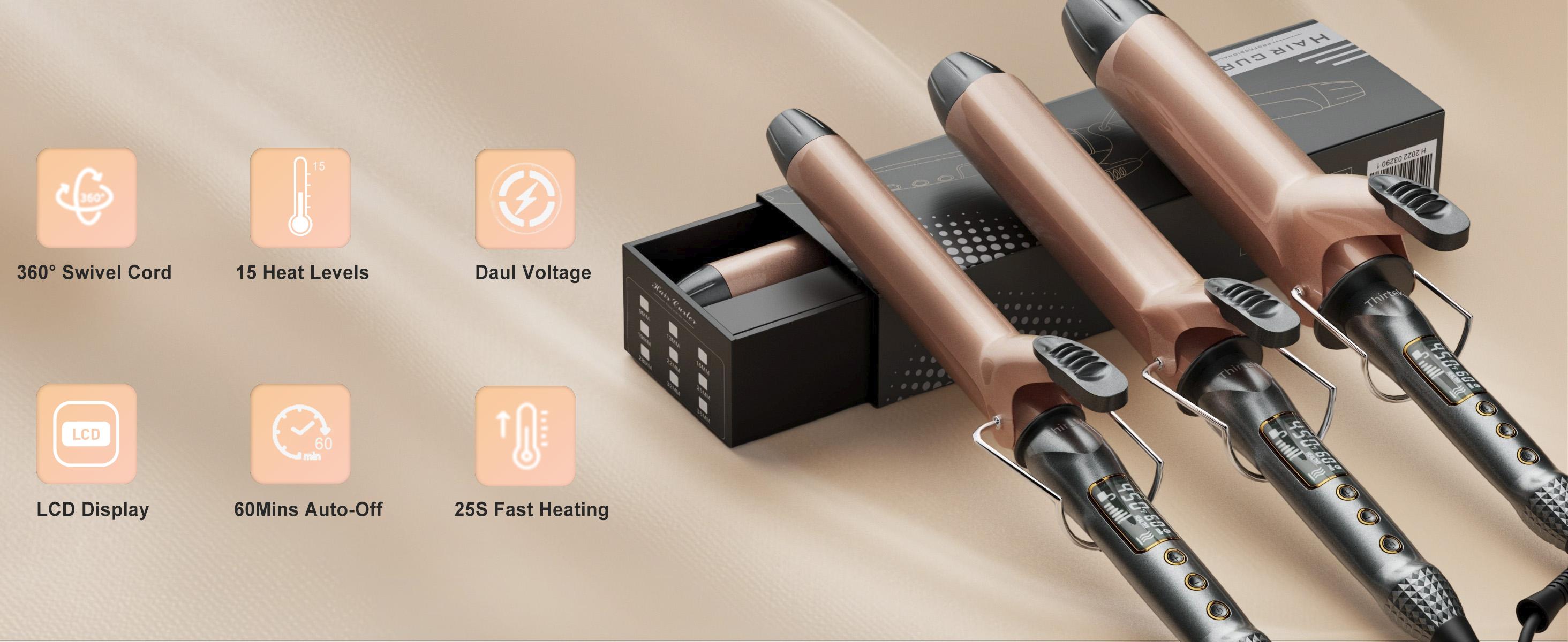 Thirtek 1/1.25/1.5 Inch Curling Iron with Ceramic Tourmaline Barrel, Curling Wands with 15 Temps for All Hair Types Long-Lasting, Smooth Salon Finish, 60-min Auto Shut-Off, Dual Voltage Hair Curler Adjustable planchas de cabello plancha de cabello
