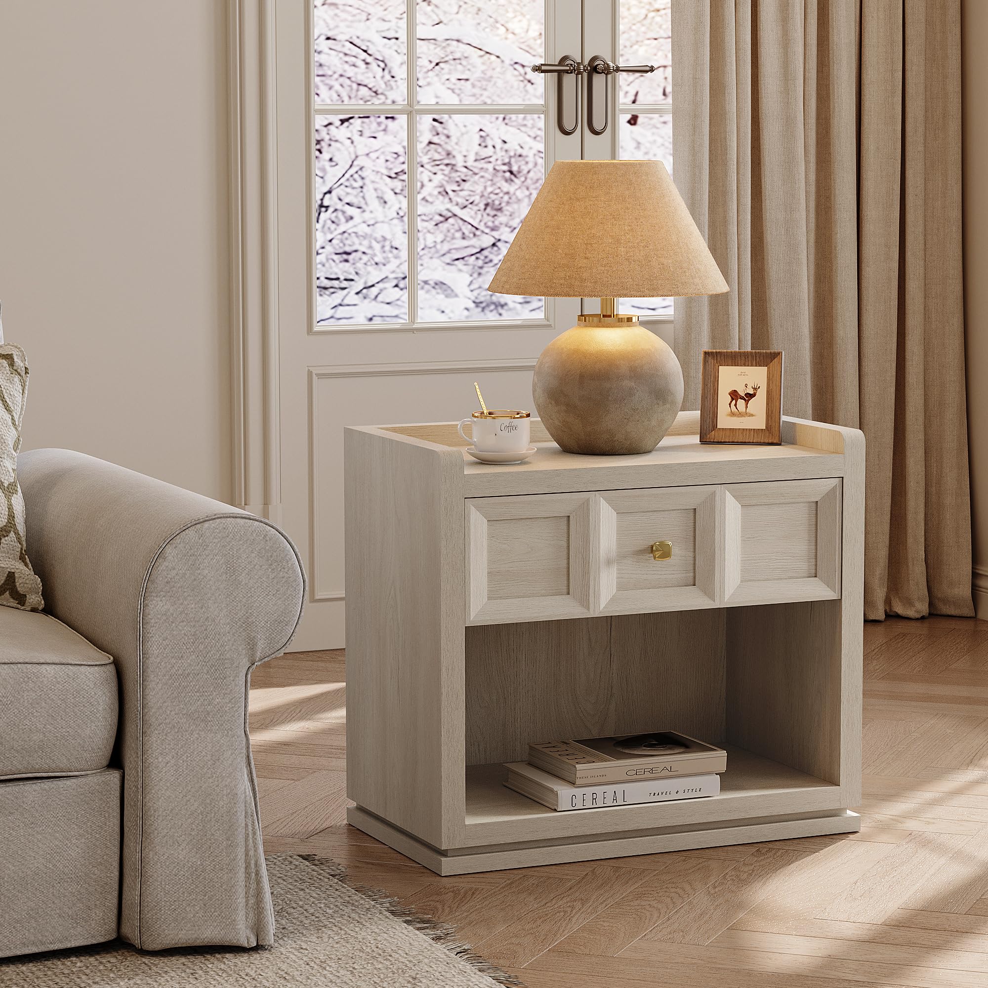 SICOTAS 31" and 26” Wide Nightstands Set of 2, Large Night Stands with Drawer, Oversized King Size Nightstand Bedside Table for Bedroom, Farmhouse End Side Table Set of 2 with Round Corners,Grey White Oak,Durable and Sturdy