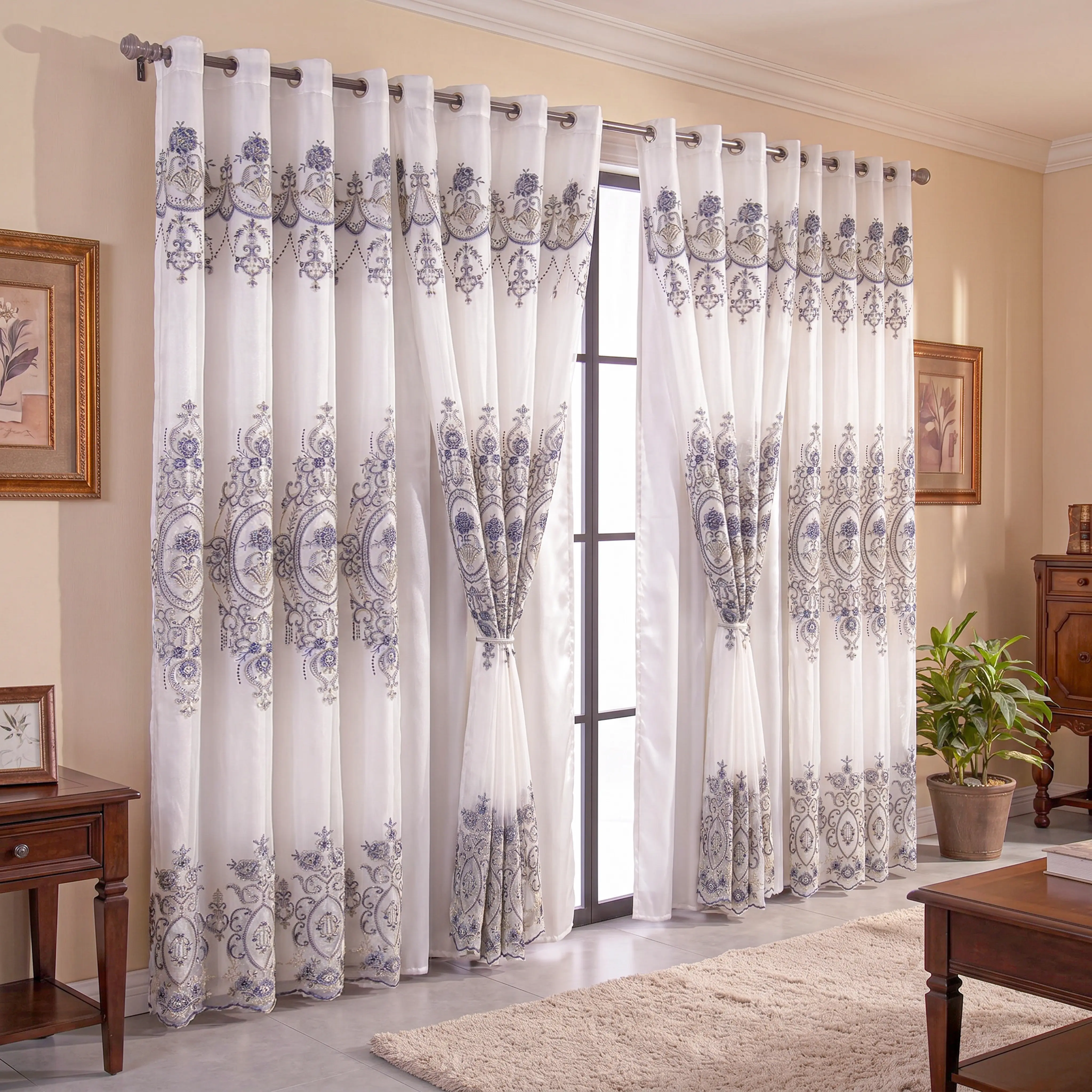 Double layer Embroidered Curtains, 4 Panels 52"x84" 2 Designs Multiple Colors with Valance, Silver Cord Luxury Grommet Drapes for Living Room, Double Layer Blackout Liner European Farmhouse QF601