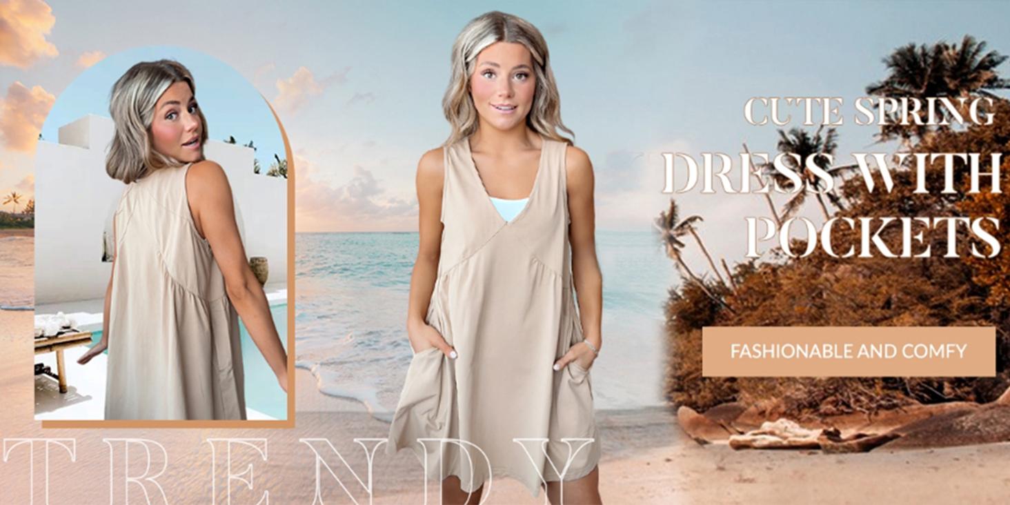 WoodBerry Women's V Neck Sleeveless Mini Dress Elegant Outfits Summer Casual Loose Pleated Swing Flowy Beach Sun Tank Dress with Pockets, Layer with Mesh Tops WoodBerry Women's V Neck Sleeveless Mini Dress Elegant Outfits Summer Casual Loose Pleated Swing Flowy Beach Sun Tank Dress with Pockets, Layer with Mesh Tops