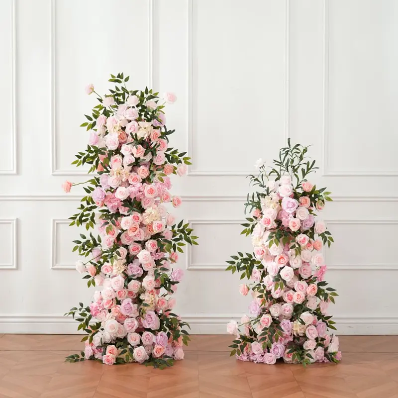 S-A7750 5D Pink Rose & Green Leaves Wedding Backdrop Arch KT Board Decor, Silk Floral Arrangement, White Arch Banner for Wedding Photo Banner Entrance & Engagement Decorations, Ornaments