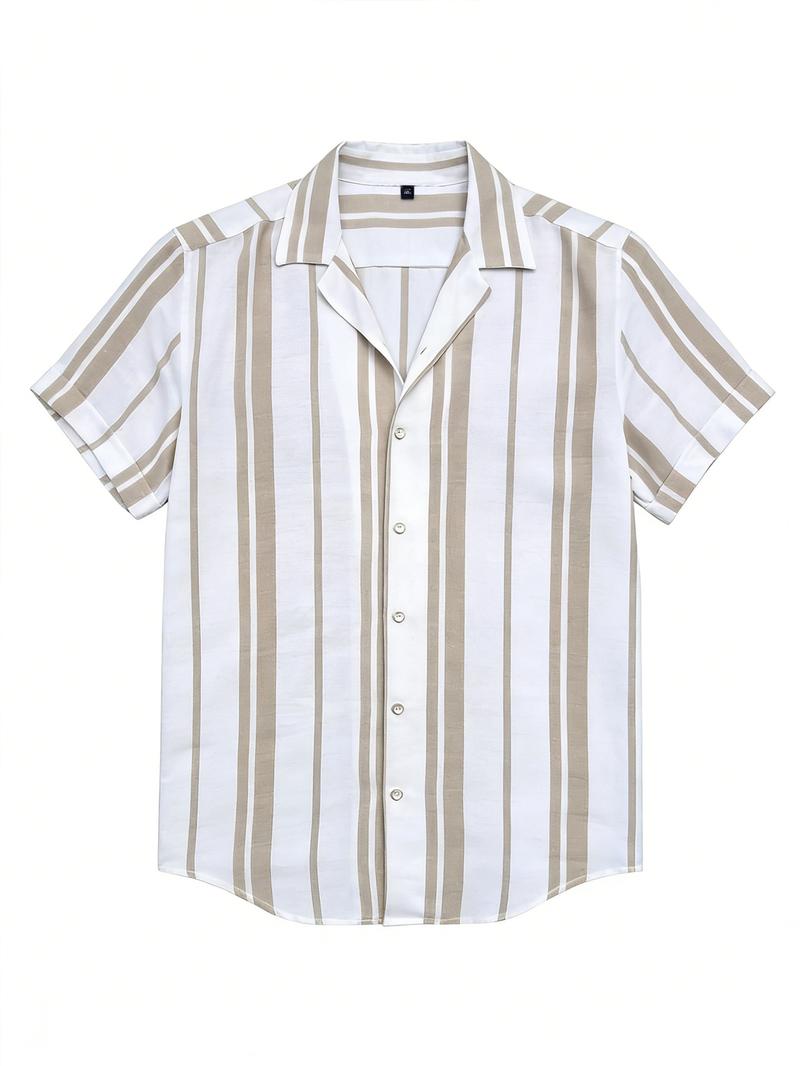 Men’s Lightweight Short-Sleeve Summer Shirt with Turn-Down Collar, Trendy Casual Striped Vacation Beach Fashion Shirt