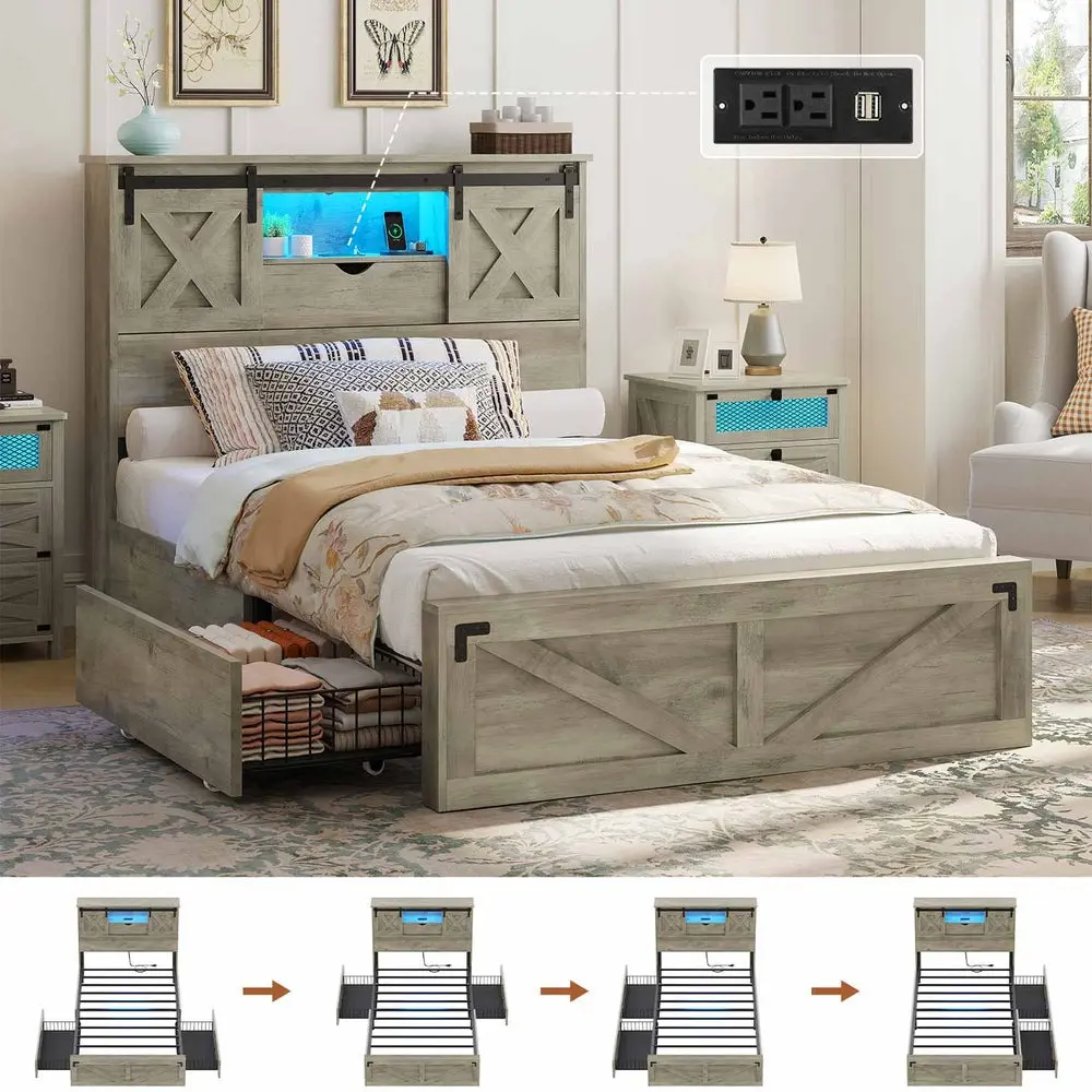 Sikaic Twin Size Bed Frame with 2 Storage Drawers & LED Lights Rustic Oak Farmhouse Wooden Platform Bed with Charging Station for Bedroom Furniture, Home Furniture, Dorm Essentials [tiktokshopbacktoschool]