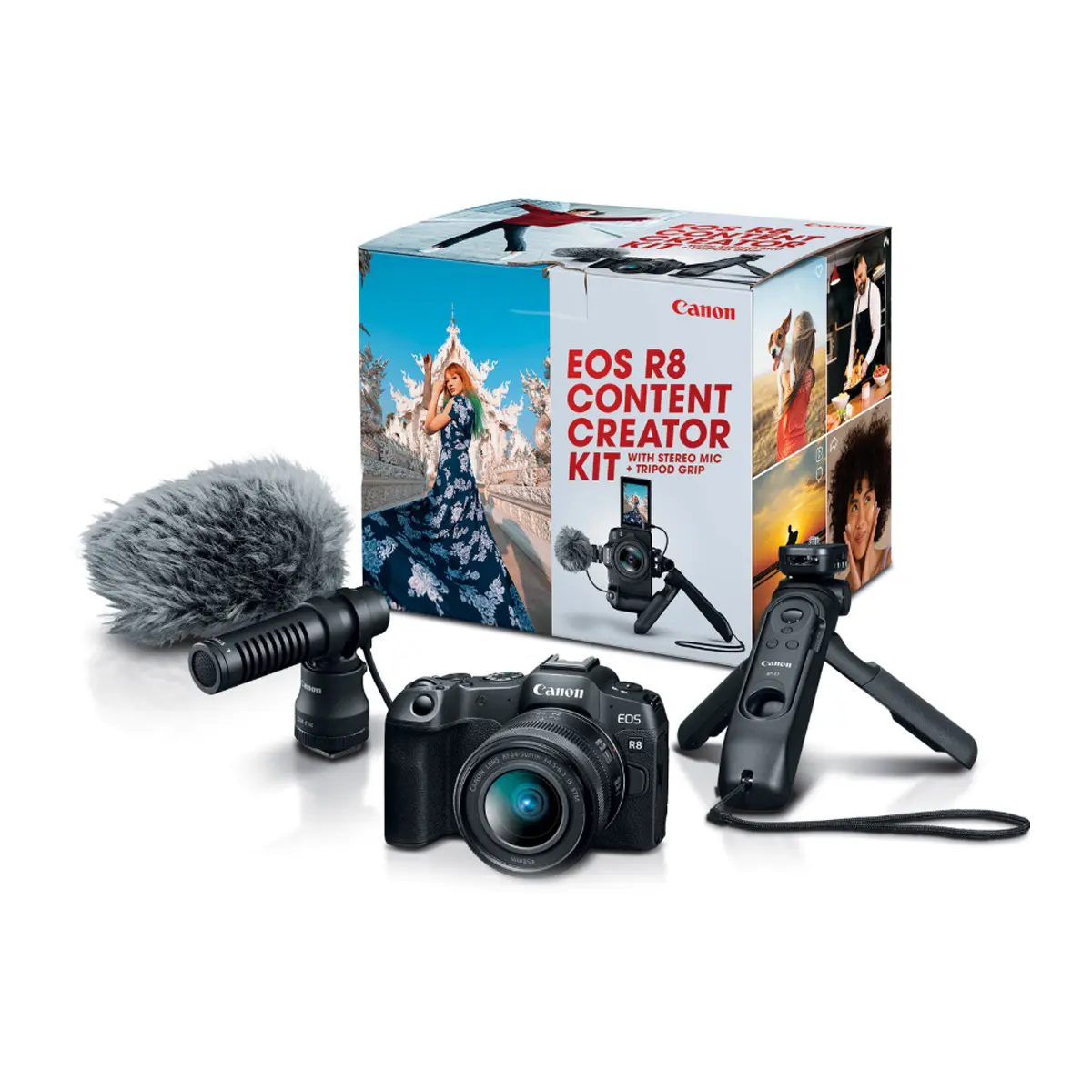 Canon EOS R8 Content Creator Kit - Portable Mirrorless Camera with 50mm Lens, CMOS Sensor, Wi-Fi, Tripod, Grip, Stereo Mic, and Essential Accessories