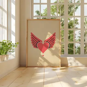 Cupid Wings Heart Wall Art Print for Valentine, Couple & Lover, Winged Heart Poster, Minimalist Romantic Love Artwork, Modern Valentine Decor, Anniversary Gift for Couples, Red Heart with Wings Wall Art