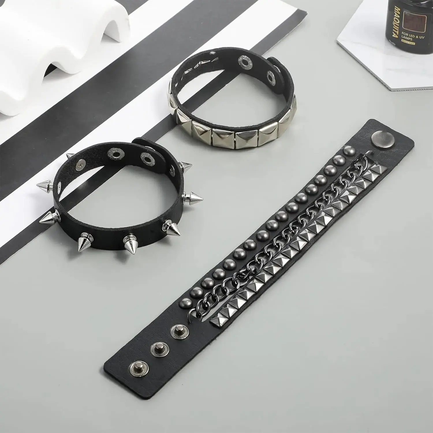 3pcs Spiked Studded Leather Bracelet Set - Black Gothic Steampunk 80s Rivets Cuff, Halloween Party Accessories, Goth Gifts for Women (Indoor Leisure Recreation Jewelry), Bracelets