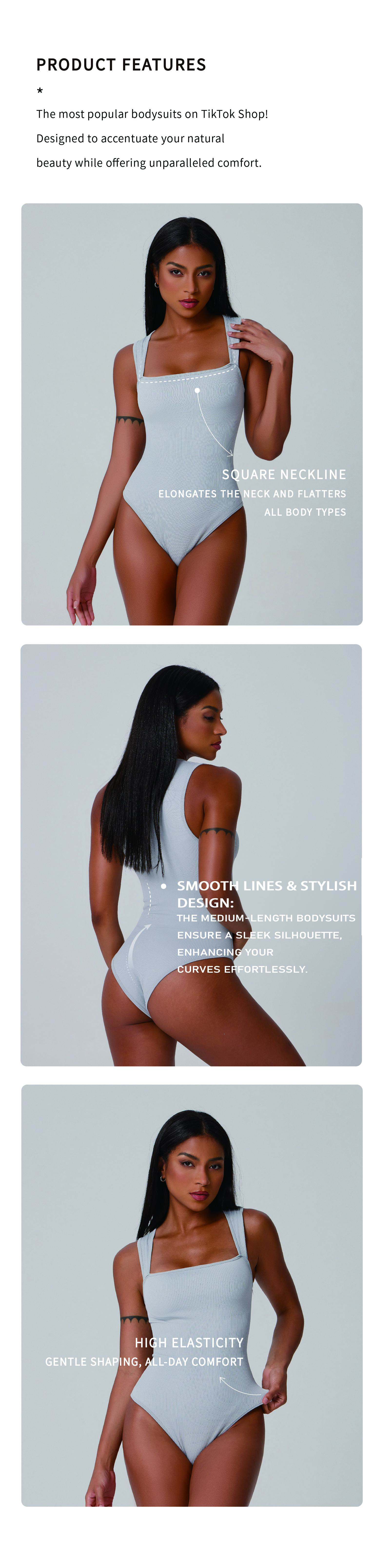 OQQfitness Womenswear 3 Piece Bodysuits Stretchy Underwear Sexy Ribbed Square Neck Sleeveless Stretchy Tank Tops Bodysuits Soft Lady SpringStatements